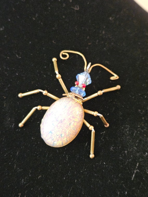Vintage Artisan Foil Opal Figural Spider Bug Brooc