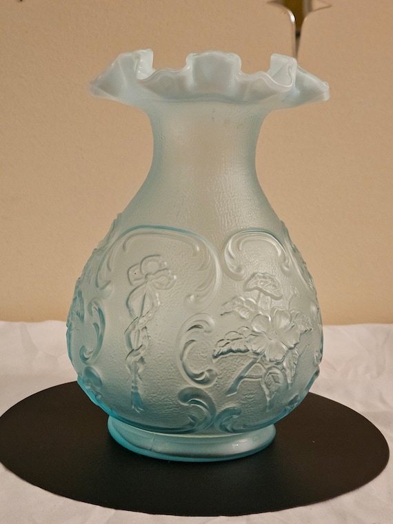 Very Rare Fenton Celestial Blue Satin Vase Wild Ro