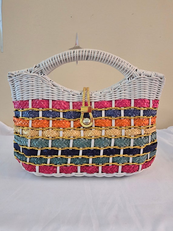 Colorful Rainbow Wicker Basket Handbag - Retro 60s