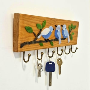Key holder for wall – Wooden Key Rack - Birds wall mosaic art – Rustic Wall Decor – Handmade key hanger -  Entryway Organizer - Key hooks