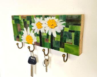 Schlüsselbrett, niedlicher Schlüsselhalter mit Blumenmuster für die Wand, moderne Wandhaken, Mosaikblumen-Wanddeko, einzigartiger Organizer für den Eingangsbereich, Geschenkidee für Einzug