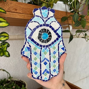 Judaica wall art - Jewish hamsa wall decor - Blue mosaic - Hanukkah gift - Hamsa hand Evil Eye - Made in Israel - Unique family gift