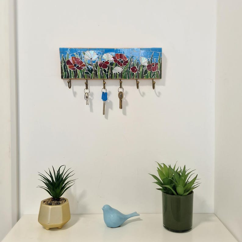 Key Holder for Wall Cute Flowers Unique Key Hooks Mosaic Flowers Key ...