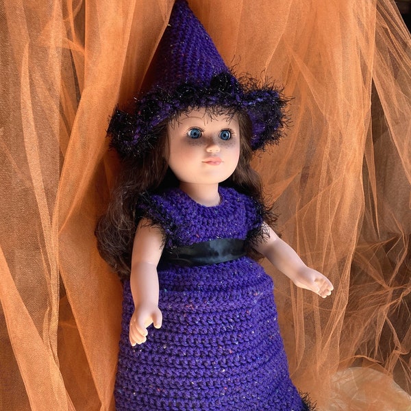 Crochet Pattern: Witch Dress-Witch Hat-Witch Boots for 18" Doll. Digital Download, AG Doll Clothes, Halloween Doll Clothes