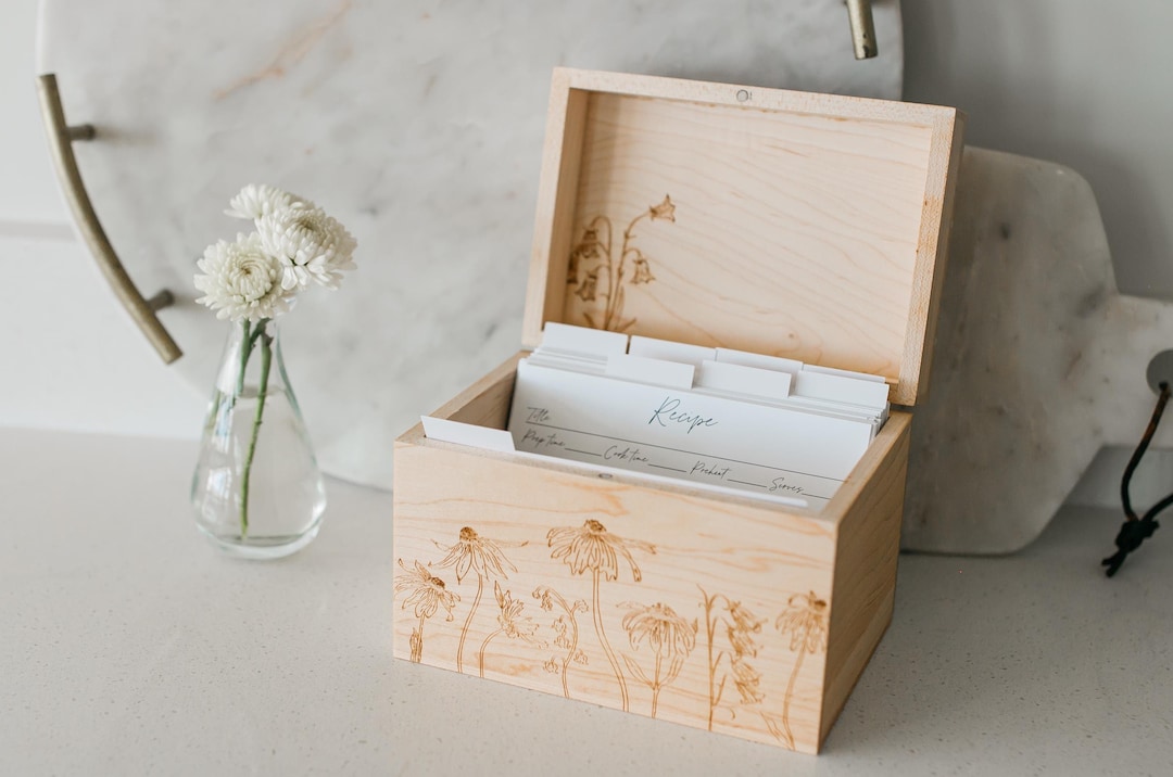 Wooden Recipe Box with Recipe Card Dividers and optional 4x6 Recipe Cards, Recipe Card Box for Kitchen Organizer and Bridal Shower Gifts