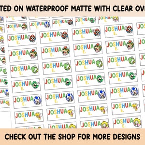 Gamer Stickers Waterproof Clear overlay School supplies, Super Mario Back to school labels, Name labels, Preschool labels, Customized Labels