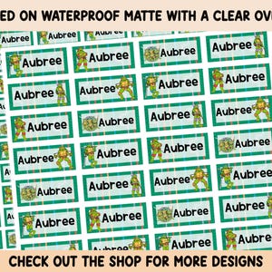 Puede incluir: Un conjunto de 24 etiquetas de nombre personalizadas verdes y blancas con un personaje de las Tortugas Ninja. Las etiquetas dicen "Aubree" en texto negro.