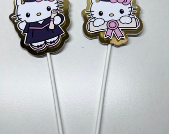 Graduación Kawaii Kitty Cupcake Toppers, Kitty Cupcake Toppers, Lindo Gatito, Fiesta Kawaii, Fiesta de Graduación, Cumpleaños, Artículos de Fiesta, Graduado