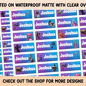 Puede incluir: Una hoja de etiquetas impermeables de colores con el nombre "Joshua" impreso en cada etiqueta. Las etiquetas presentan varios personajes y diseños de Fortnite. El texto "PRINTED ON WATERPROOF MATTE WITH CLEAR OVERLAY" y "CHECK OUT THE SHOP FOR MORE DESIGNS" también está impreso en la hoja.