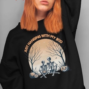 Halloween Skeletons Sweatshirt, Spooky Sunset Crewneck, Pumpkin Trees Jumper, Halloween Love Pullover, Gothic Fall Sweater, Scary Couple