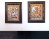 PAIR AMATE PAINTINGS Vintage Rustic Mexican Hacienda Decor Wood Hand Carved Frames Deer Bird Floral