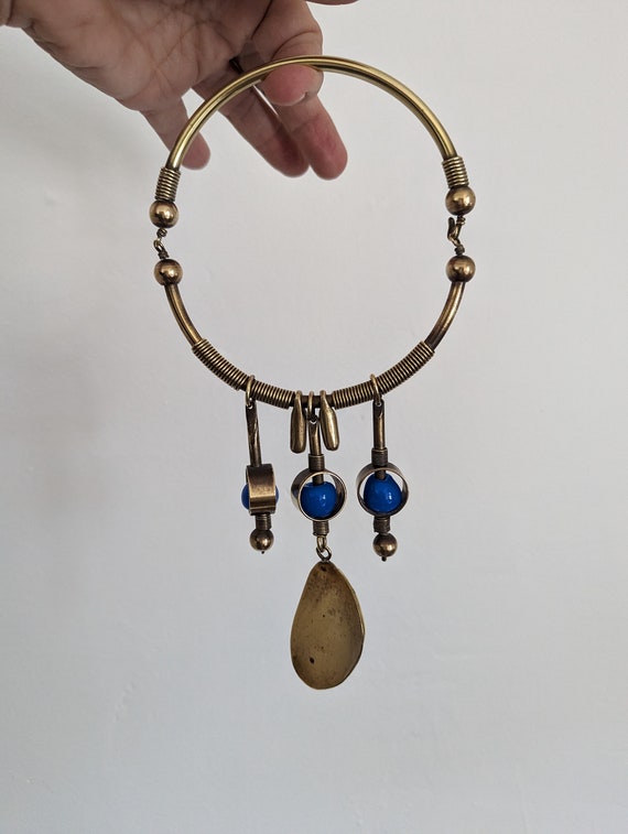 Vintage Boho Necklace, Brass Bead and Agate Choke… - image 4