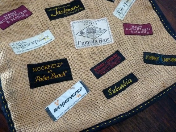 VINTAGE HANDBAG Novelty Burlap Labels Applique Pu… - image 6