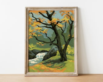 PBN DOWNLOAD! Vintage Waterfall Landscape Paint by Numbers Completed Painting!