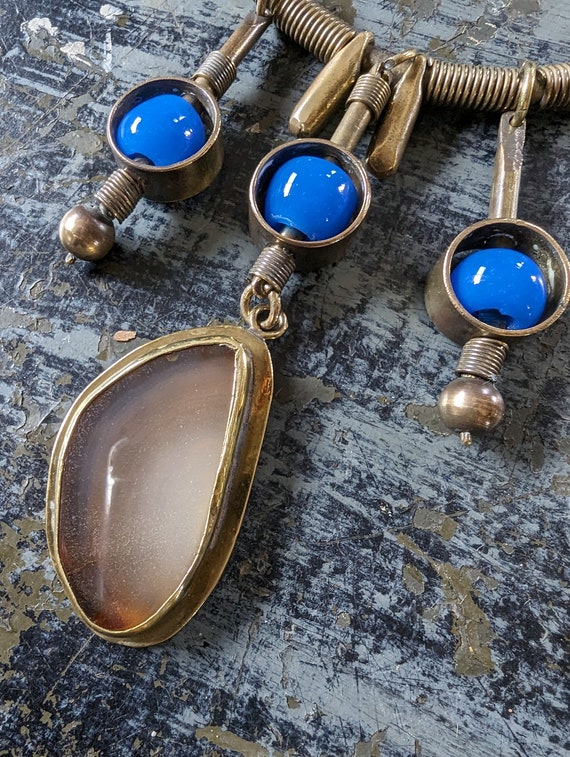 Vintage Boho Necklace, Brass Bead and Agate Choke… - image 7