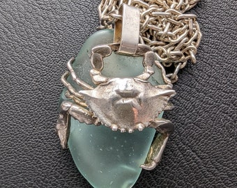 Crab Sea Glass Pendant Necklace, Sterling Silver, Zodiac Jewelry, Cancer Moon Sign