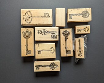 10 Skeleton Key Rubber Stamps, VTG