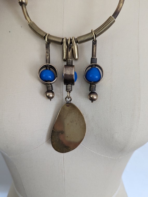 Vintage Boho Necklace, Brass Bead and Agate Choke… - image 3