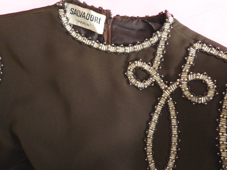 SALVADORI PARIS DRESS Vintage Beaded Swirl Neck and Hemline Couture 1970s