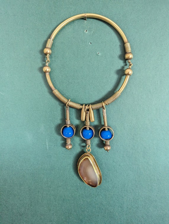 Vintage Boho Necklace, Brass Bead and Agate Choke… - image 8