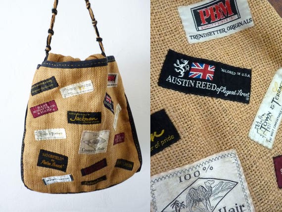 VINTAGE HANDBAG Novelty Burlap Labels Applique Pu… - image 1