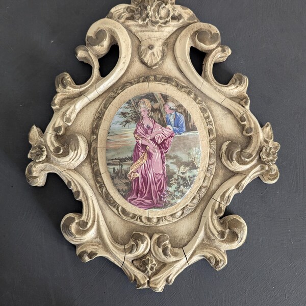 Vintage Cameo Wall Decor 13" x 11", Ornate Wood Plaque with Porcelain Cameo