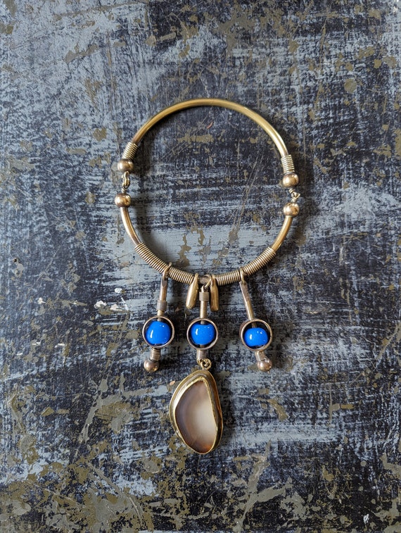 Vintage Boho Necklace, Brass Bead and Agate Choke… - image 1
