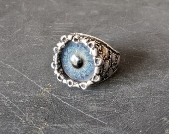 Vintage Glass Prosthetic Eye Ring, Sterling Silver