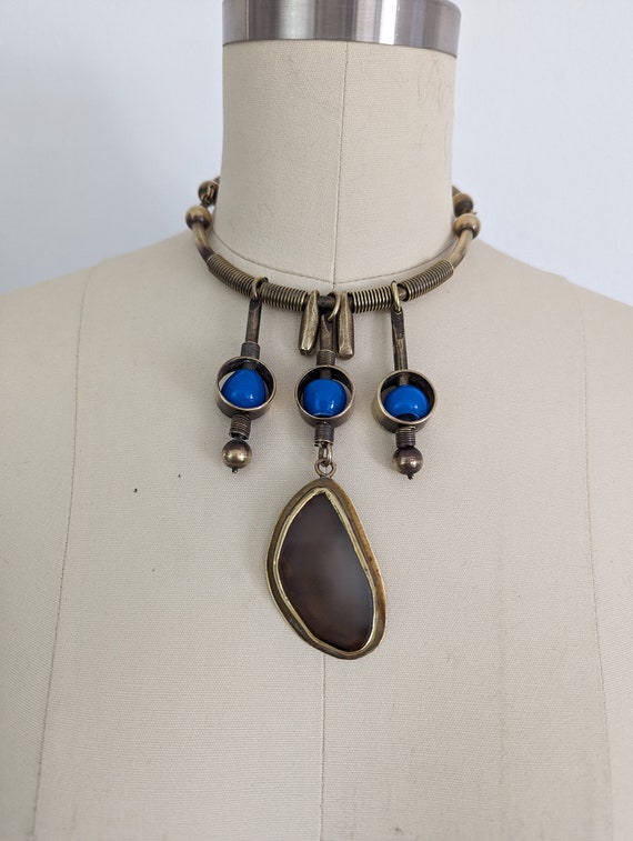 Vintage Boho Necklace, Brass Bead and Agate Choke… - image 2