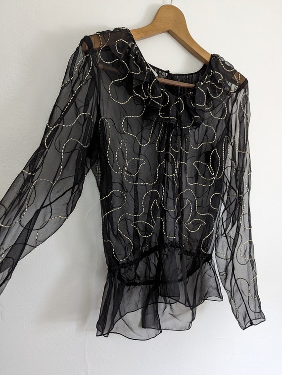 Vintage Sheer Blouse, Black Beaded Blouse, Saks Fifth Avenue