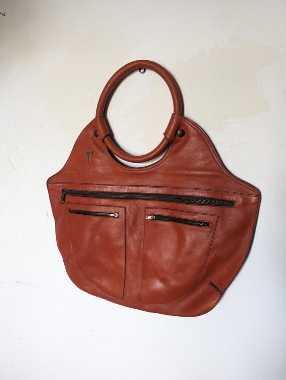 1970s OVERSIZE HANDBAG, Vintage Burnt Orange Leat… - image 2