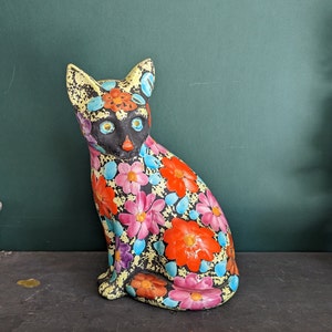FLORAL CAT BANK Vintage Alvino Bagni Floral Cat Sculpture Hand Painted Mid Century Modern Italy