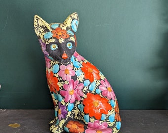 FLORAL CAT BANK Vintage Alvino Bagni Floral Cat Sculpture Hand Painted Mid Century Modern Italy