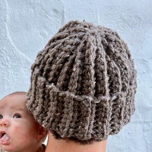 Hand-Crocheted Chunky Ribbed Fisherman Beanie: Barley Brown Wool Trawler Hat