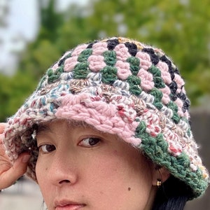 Unisex Pink Multi Granny Square Bucket Hat | 100% Handmade Wool Hat | Rainbow Bucket Hat | Vintage Colorful Stripe Thick Bucket Hat