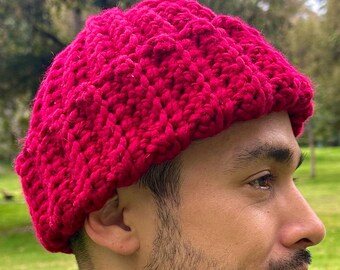Hand-Crocheted Chunky Ribbed Fisherman Beanie: Deep Plum Red Purple Trawler Hat