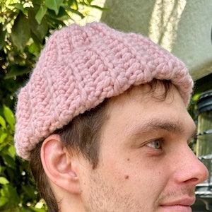 Hand-Crocheted Chunky Ribbed Fisherman Beanie: Dusty Pink Wool Trawler Hat