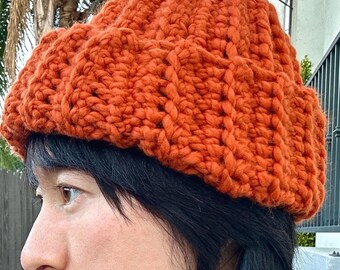 Ręcznie szydełkowana gruba, prążkowana czapka rybaka: ognistoczerwona, pomarańczowa, wełniana czapka trawlera