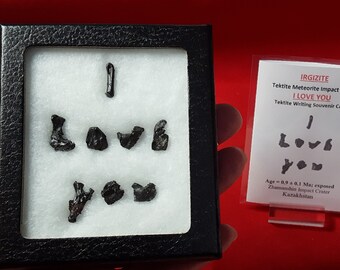 Rare Tektite I LOVE YOU Natural Irgizite Tektite Impact Glass Writing Display with Souvenir Card Rare Gift Set Sale
