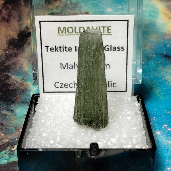 Rare MOLDAVITE Long Tektite Meteorite Impact Glass in Perky Box from Czech Republic Sale