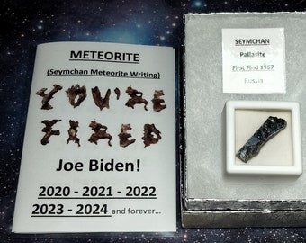 Seymchan "YOU'RE FIRED" Joe Biden Meteorite Writing Souvenir Card with Seymchan Pallasite Meteorite Sliced End Piece in Display Box