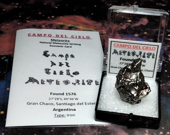 Sale Rare METEORITE Campo Del Cielo Genuine Outer Space Rock in Perky Box with Extraterrestrial Meteorite Writing Card From Argentina