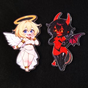 Angel and Devil Earrings / Acrylic Charm - kinky key chain pin badge magnet fetish sexy cute chibi naughty funny gift