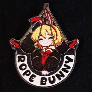 Rope Bunny Acrylic Charm - kinky shibari bondage key chain pin badge magnet fetish sexy cute chibi naughty funny gift