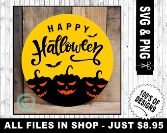 happy halloween door hanger svg, round sign svg, spooky pumpkin svg, cricut halloween files, silhouette cameo svg, vinyl decal designs