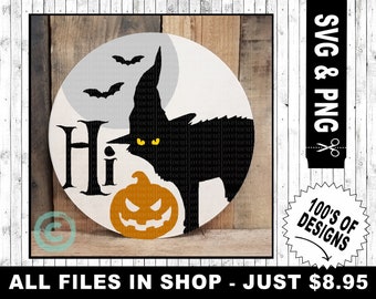 halloween round door sign svg / png,  round door hanger svg, black cat svg, silhouette / cricut cut file, vinyl design halloween, vector art