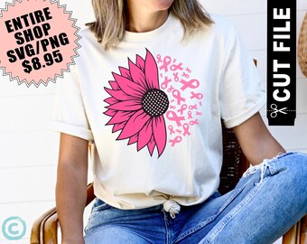 sunflower breast cancer svg, half sunflower svg, breast cancer ribbons svg, womens breast cancer shirt cut file, vinyl designs for tshirts