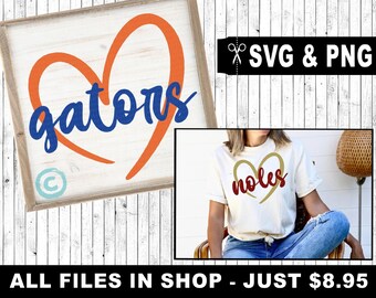 gators & noles svg, heart svg, digital file, team shirt designs, school spirit, svg for cricut / silhouette, htv vinyl decal designs