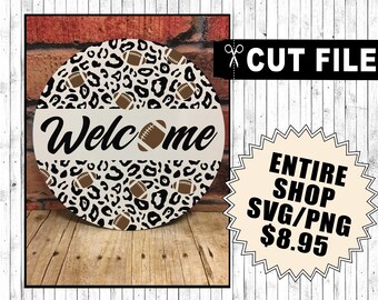 welcome football & leopard print round door sign svg, door hanger svg, football cut file for cricut / silhouette vinyl cutting machine decal
