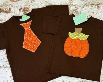 FALL PUMPKIN or TIE Boys Custom Holiday tee t-shirt in sizes 6-12-18-24mth 2-3-4-5-6-7-8-9-10-12 Autumn Thanksgiving Halloween Pumpkin Patch